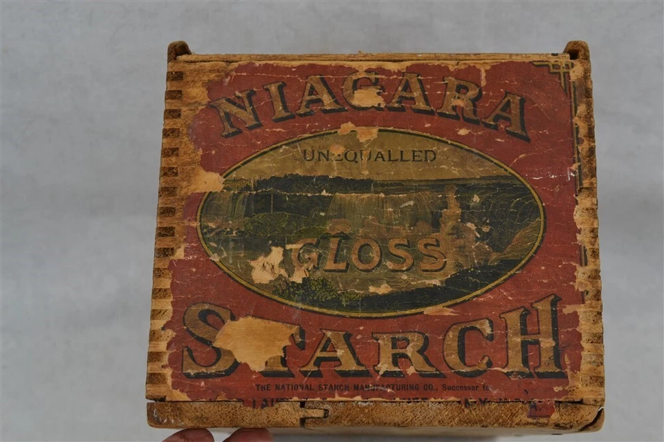 antigua caja de envío publicidad madera papel etiqueta Niagar almidón diapositiva superior 19 Foto 2 de 4