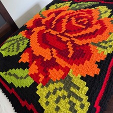 Handmade Crochet Rose Throw Blanket Black Red Orange Floral Pixel Afghan 72x70"