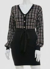 BCX Women Juniors Black Check V-Neck Long-Sleeve Mini Sweater Dress Size M