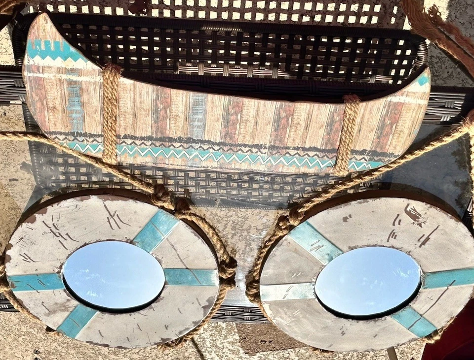 Lot 3 Nautical Wall Hangings Life Preserver Mirror Canoe Rustic Shabby Beach - Image 2 of 4