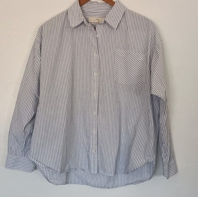 Thread & Supply 100% Cotton Blouse White Blue Pinstripe Collared Button-Up Small