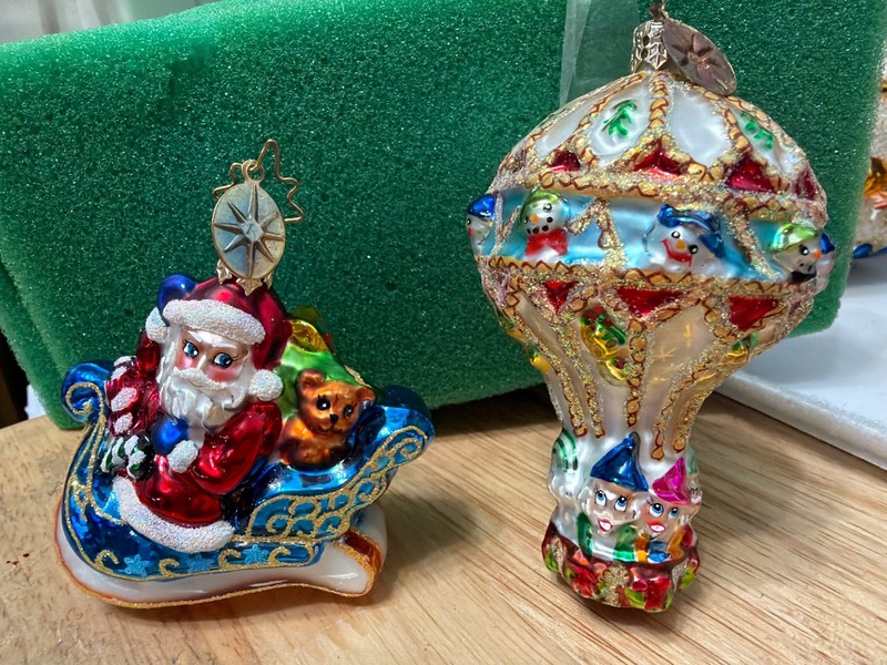 Vintage Radko Hot air ballon and Radko slieghful payful chrismas oranments
