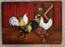 Vintage Primitive Mid Century Painting Chicken Rooster Beautiful 10 X 14 Folk