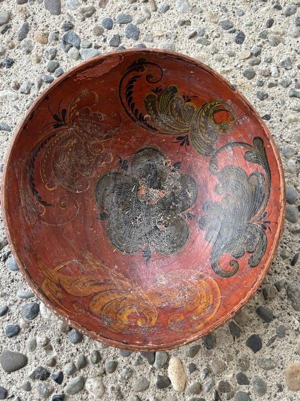 Antique Norwegian  Bowl Hand Carved Wood Rosemaling Treenware Folk Art