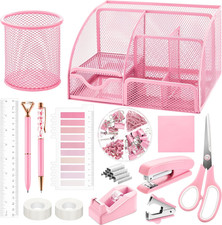 11 Pcs Pink Office Supplies Set Mesh Desk Organizer Accessories Kit Include Stap