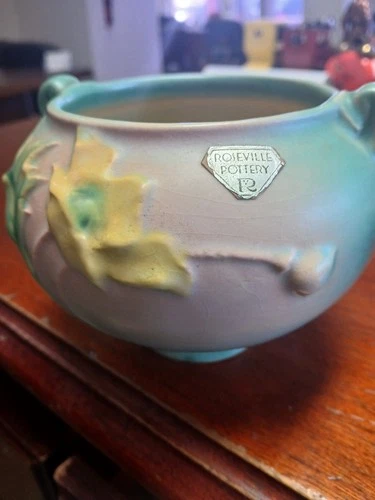 Vintage 1938 Roseville Pottery Poppy Vase/ Bowl 642–3 Jardiniere Yellow Green