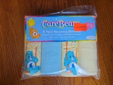 Vtg Care Bears Receiving Blankets Baby Gift cotton Yellow Blue Bears 30x 30" NEW