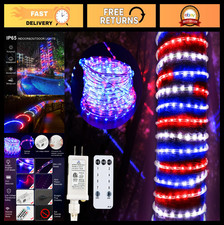 Patriotic 50ft LED Rope Lights - 600 Red, White  Blue Outdoor Decorations, 8 Mo