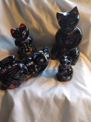 Cat Figurines Hand Painted Multicolored Folk Art Designs Set of 4 Black Lacquer