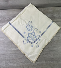Handmade Linen Square Tablecloth Off White Embroidered Blue Florals Crochet Edge
