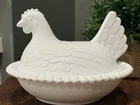 Vintage INDIANA Glass Milk Glass Hen On Nest 7” Stippled Dish Candy Dish