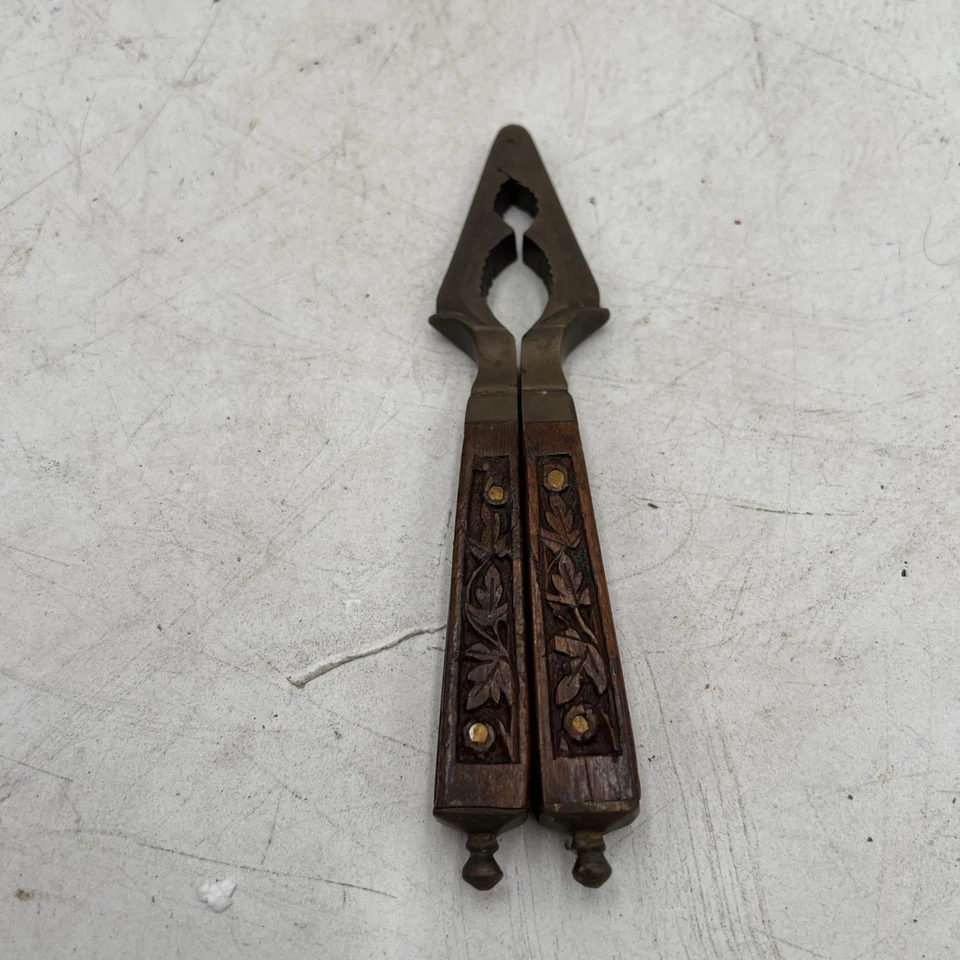Vintage MCM Kashmiri Brass Nut Cracker With Carved Wooden Handle - Image 2 of 4
