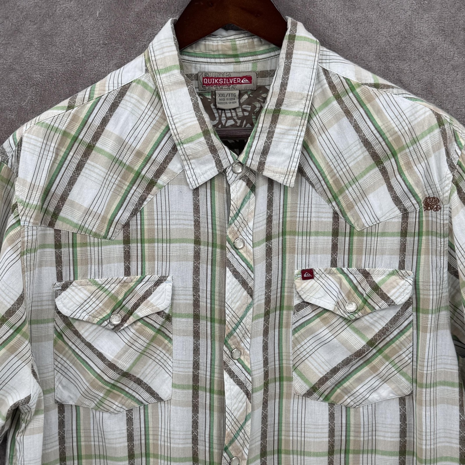 Quiksilver Shirt Mens 2XL White Green Plaid Short Sleeve Pearl Snap Western