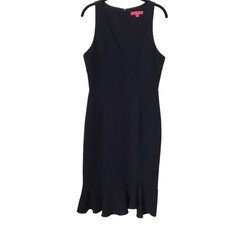 Betsey Johnson Dress Size 8 Navy Blue Classic Sleeveless Sheath Flounced Hem