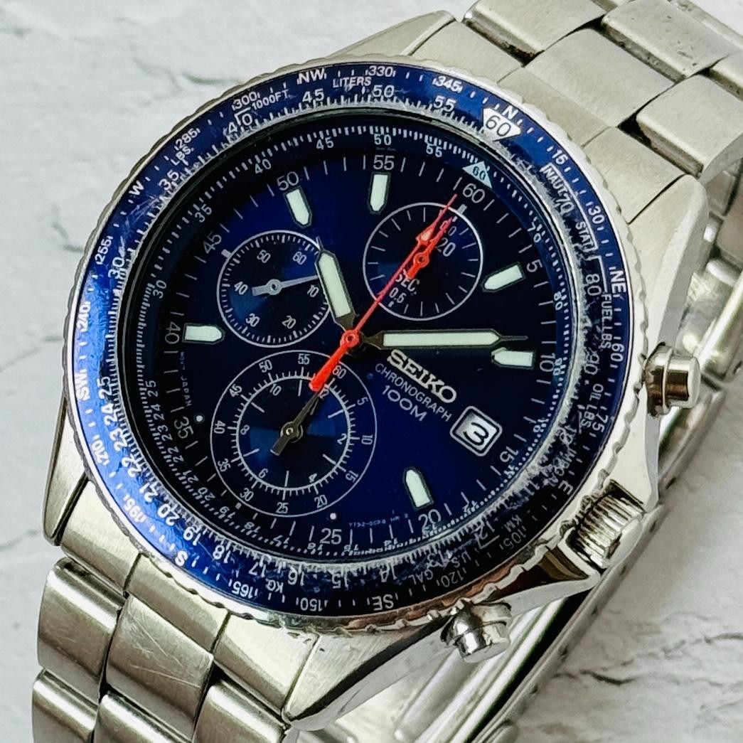 希少 SEIKO　セイコー　CHRONOGRAPH　100M　7T92-0CF0 SEIKO 7T92-0CF0 Chronograph Quartz Blue Dial Date Men's