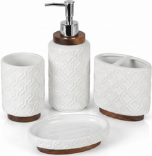 Set Accesorios Ba o Cer mica Blanca 4 Piezas Dispensador Portacepillos Madera