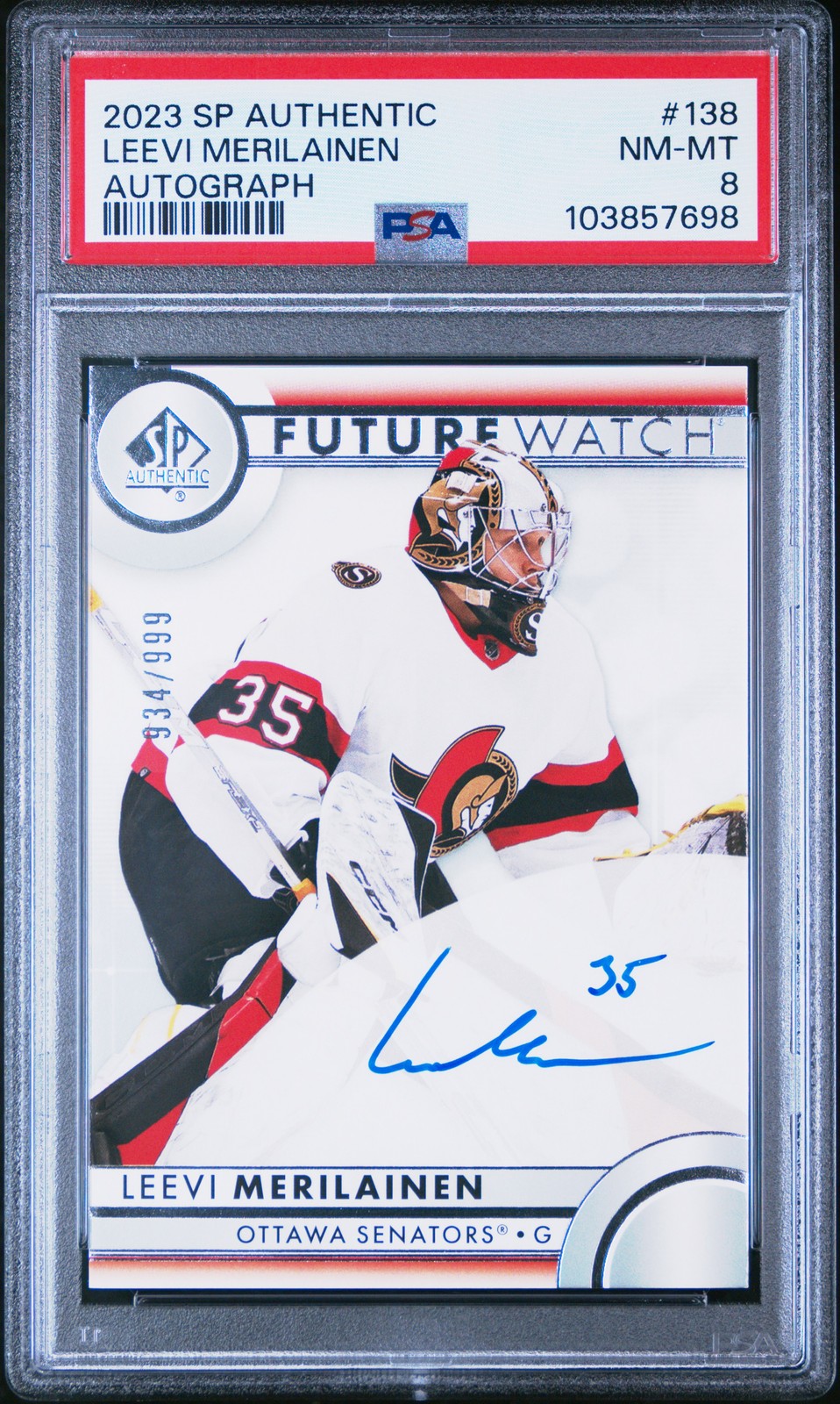 2023 SP AUTHENTIC AUTO #138 LEEVI MERILAINEN ROOKIE RC 934/999 PSA 8 view 1