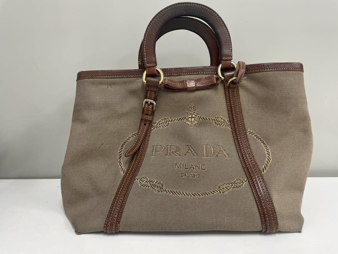PRADA Logo Jacquard 2Way Bag Handbag Shoulder Bag B Condition