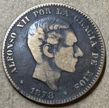 Spain - 1878 OM - Diez Centimos - 19th Century Spanish Coin - Alfonso XII - Rare