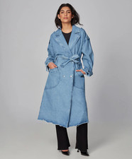 Lola Jeans Avery Blue Denim Trench Coat Jacket Belted Distressed Nwt Size Small
