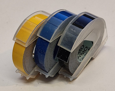 3x DYMO Prägebänder 9mm X 3m BLAU GELB SCHWARZ Glanz Gloss Embossing Tape