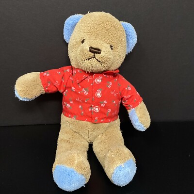 NAP Brookstone Brown Bear Plush Blue Ears Feet Stuffed Animal Red Floral Shirt 
