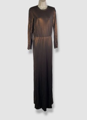 $3490 Akris Womens Brown Metallic Long Sleeve Side-Slit Jersey Gown Dress Size 8