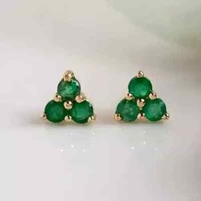 14K Yellow Gold Over 1Ct Round Cut Lab Created Green Emerald Womens Stud Earring