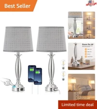 Modern Stylish Bedside Lamps with USB Ports - Set of 2 - Brushed Nickel Finish