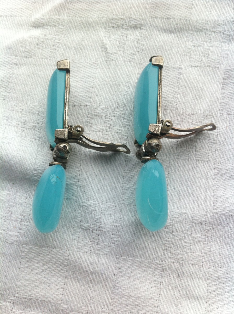Boucles D'oreilles Anciennes ISAKY Paris Clip - Pendantes Bleues - Occasion - Signées