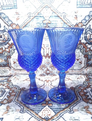 Excellent Vintage Avon Fostoria 8" Cobalt Blue George & Martha Washington Goblet - Picture 5 of 5