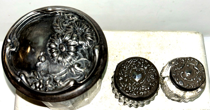 Vintage Lot Of  3 Glass Dresser Jars With Sterling Silver Tops