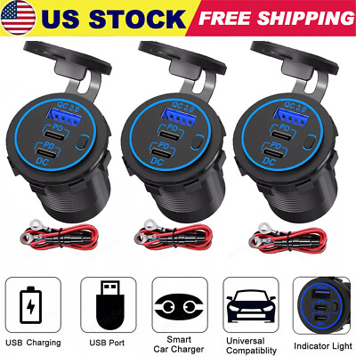 12-24V USB C 3 Port Fast Car Charger PD & QC3.0 Outlet Socket for Boat RV Marine