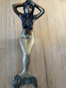 18” Mermaid Cast Iron Statue Figure  Shelf Sitting Whimsical Kitschy Gold 7lbs