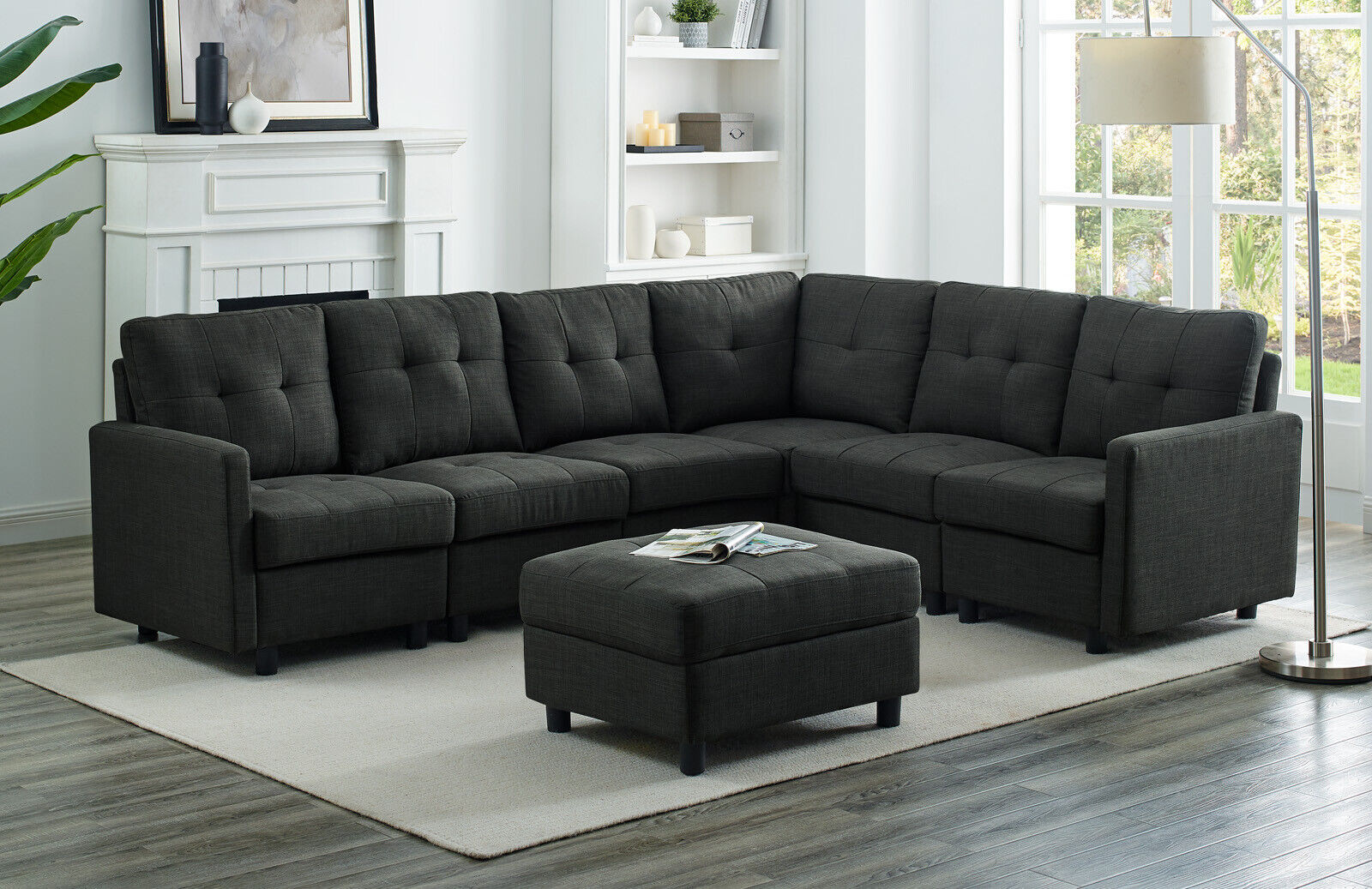 Contemporary Convertible Sectional Sofa Linen Fabric Couch for Living Room Black