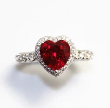Heart Cut Red Garnet & Round White CZ Women's Bridal Engagement Ring In Silver