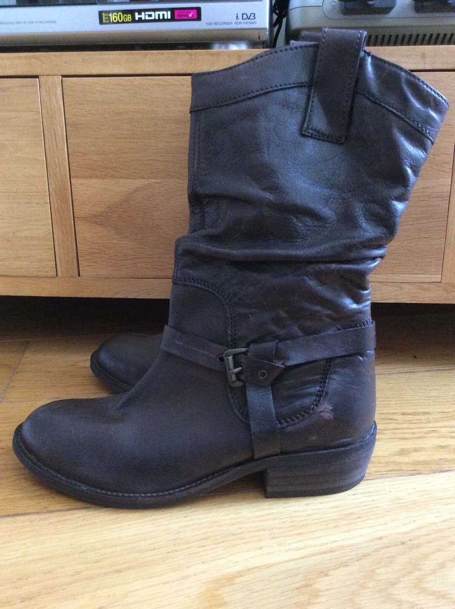 NEW RED HERRING SHOE-LICIOUS BROWN LEATHER PULL ON MID CALF BOOTS