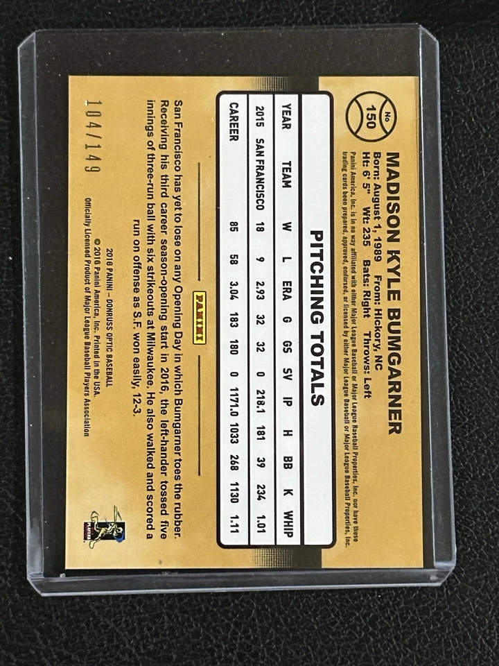 2016 Donruss Optic Blue #150 Madison Bumgarner 104 /149 TC1 - Image 2 of 2