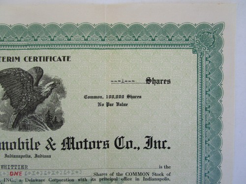 1922 DUESENBERG AUTOMOBILE & MOTORS AD INTERIM Stock Certificate. INDIANAPOLIS - Picture 4 of 9