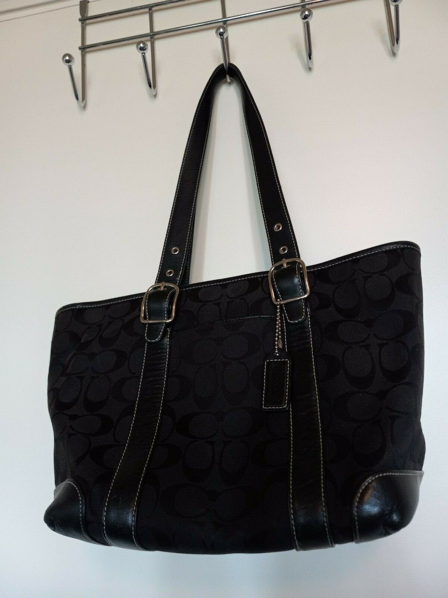 COACHバックセット！ COACH Black F065-6042 Leather Trimmed Fabric Signature Logo