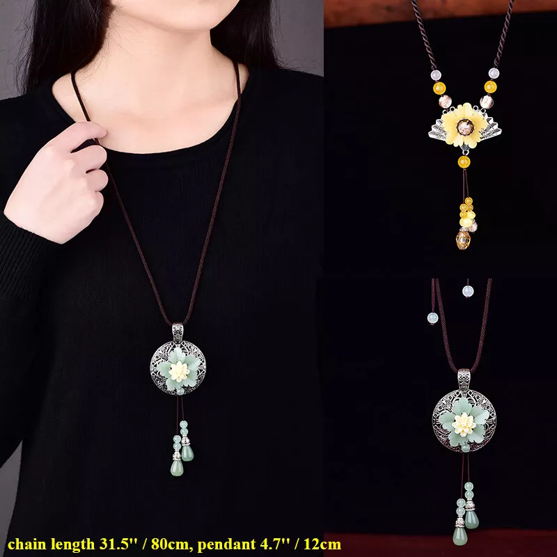Women Big Pendant Long Necklace Vintage Ethnic Tassel Sweater Chain Accessories
