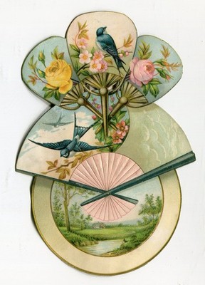 GlanzbilderOblaten Präge-Karte Landschaft  Rosen Vögel -2 14,8 cm