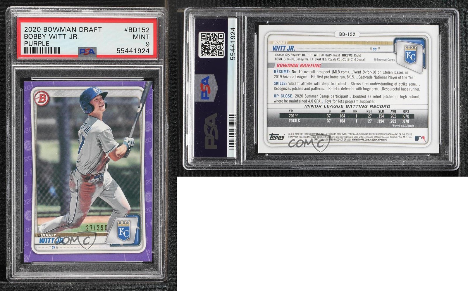 2020 Bowman Draft Purple Border 27/250 Bobby Witt Jr #BD-152 PSA 9 MINT
