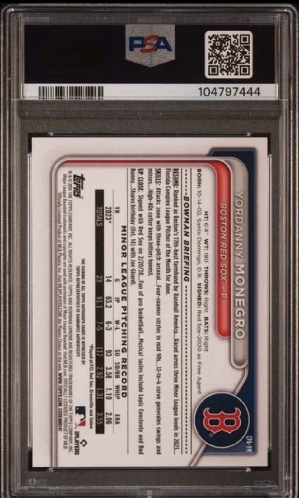 Topps 2024 Bowman Chrome Prospect Autos Yordanny Monegro Gold Shimmer /50 PSA 10 view 2