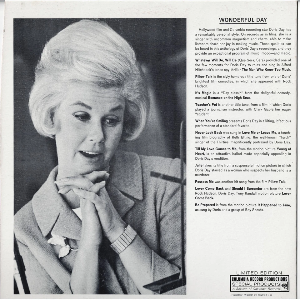 DORIS DAY wonderful day U.S. COLUMBIA LP XTV-82021_original 1961 beautiful MINT - Image 4 of 4
