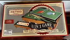 Retro Games: 3 in 1 Tabletop Games. Pool, Ping Pong & Air Hockey. Wooden Stand.