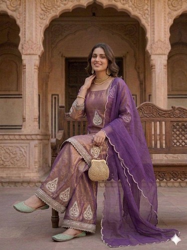 Women’s Mauve Purple Kurti Palazzo Set Embroidered Festive Indian Ethnic Outfit - Picture 5 of 9