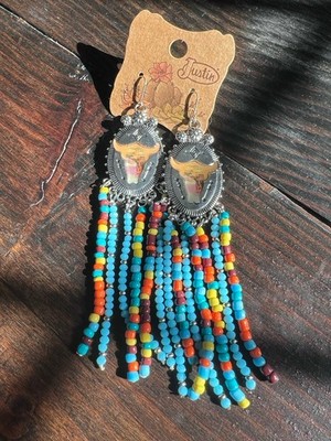 Justin Earrings New Western Beaded Fringe Dangle Silver Rodeo Cowgirl Large NWT