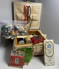 Vintage Woven Sewing Basket Box w/ Tray Estate Notions Tomato Pin Cushion Button