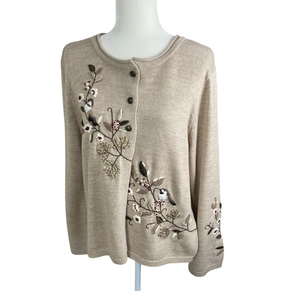 Cárdigan Suéter Coldwater Creek Bordado Botón Frontal Beige Talla Grande Vacaciones Foto 4 de 4